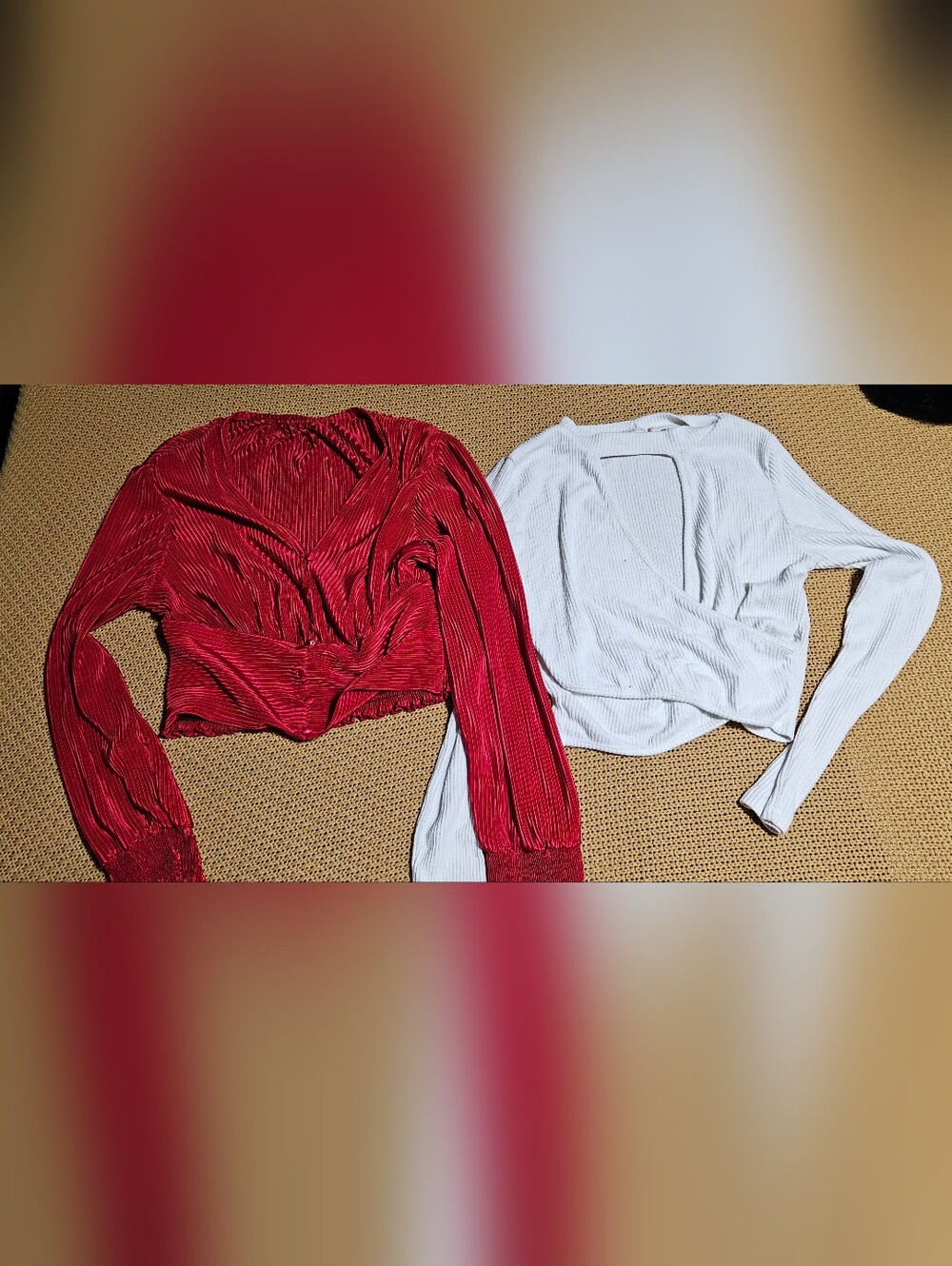 Women’s Red Pleated V-Neck Long Sleeve Top Crop Top And White